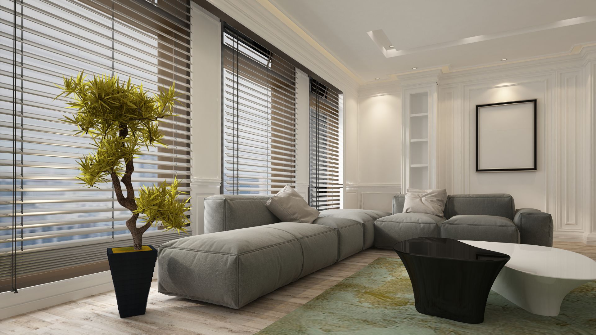 A living room filled with furniture and a potted plant